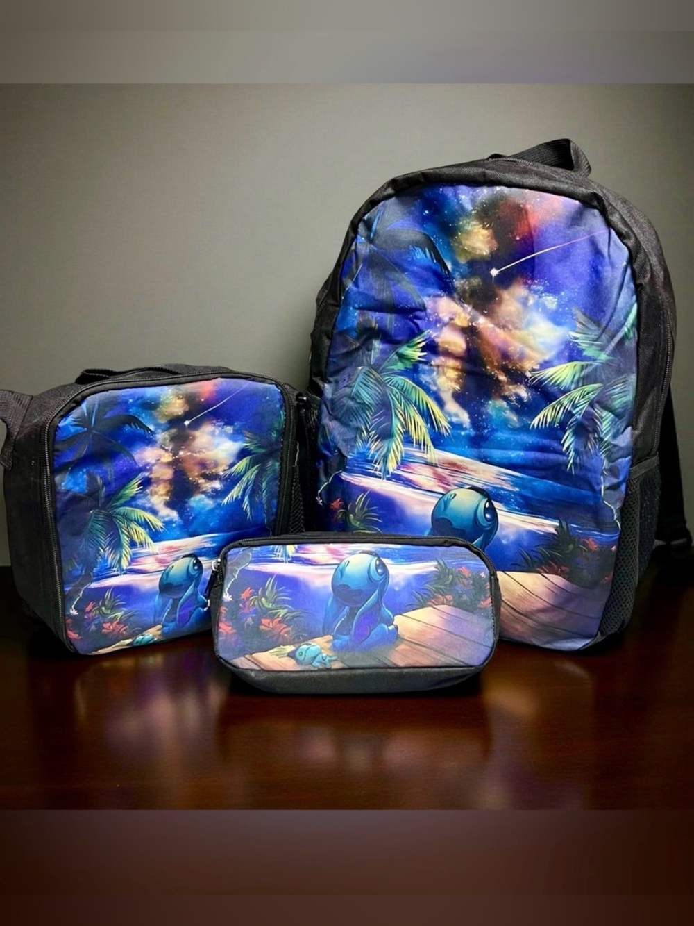 3-Piece Kids Backpack Lunch Pencil Case Set Galaxy Blue Disney Stitch Inspired